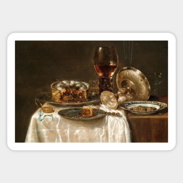 Olives in a Blue and White Porcelain Bowl, a Roemer, Wine Glasses, an Overturned Silver Tazza and a Meat Pie by Willem Claeszoon Heda Sticker by Classic Art Stall